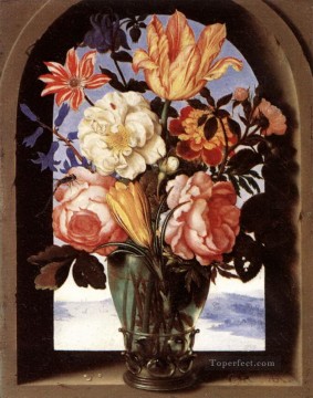 アンブロシウス・ボスチャート Painting - ガラス瓶の中の花 アンブロシウス・ボシャールト